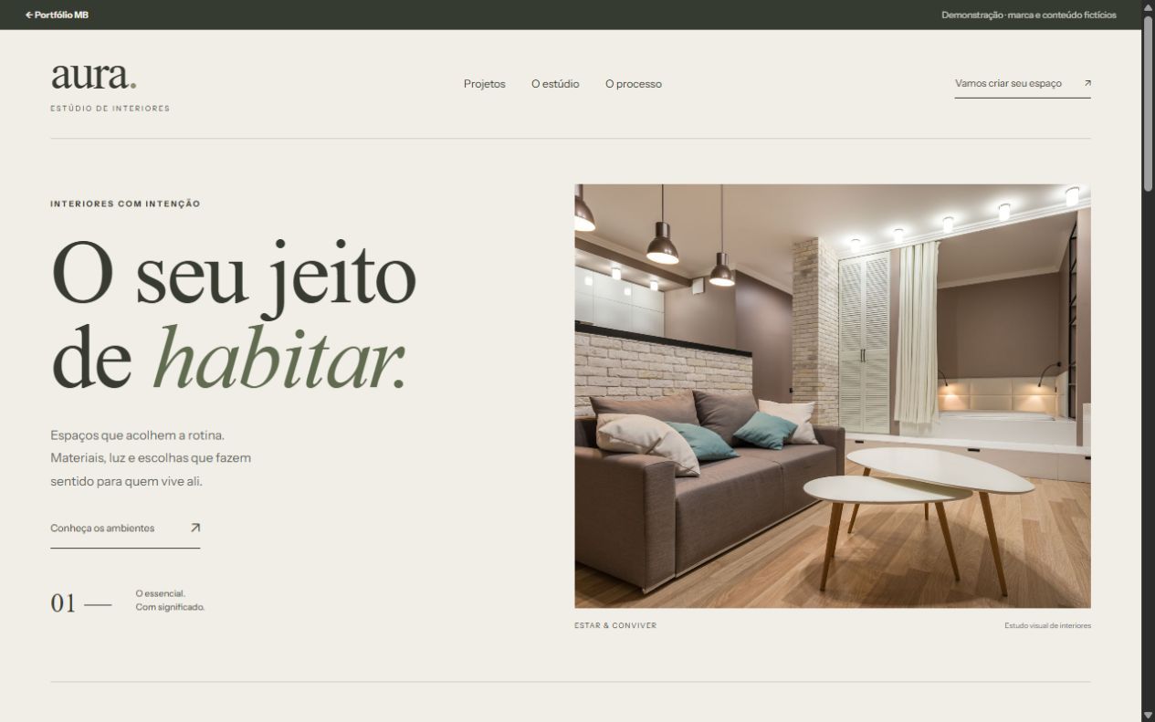 Captura real do site demonstrativo Aura, com apresentação de interiores